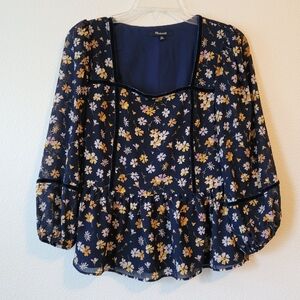 Madewell Navy Floral Long Sleeve Squareneck Velvet Trimmed Petal Party Coquette